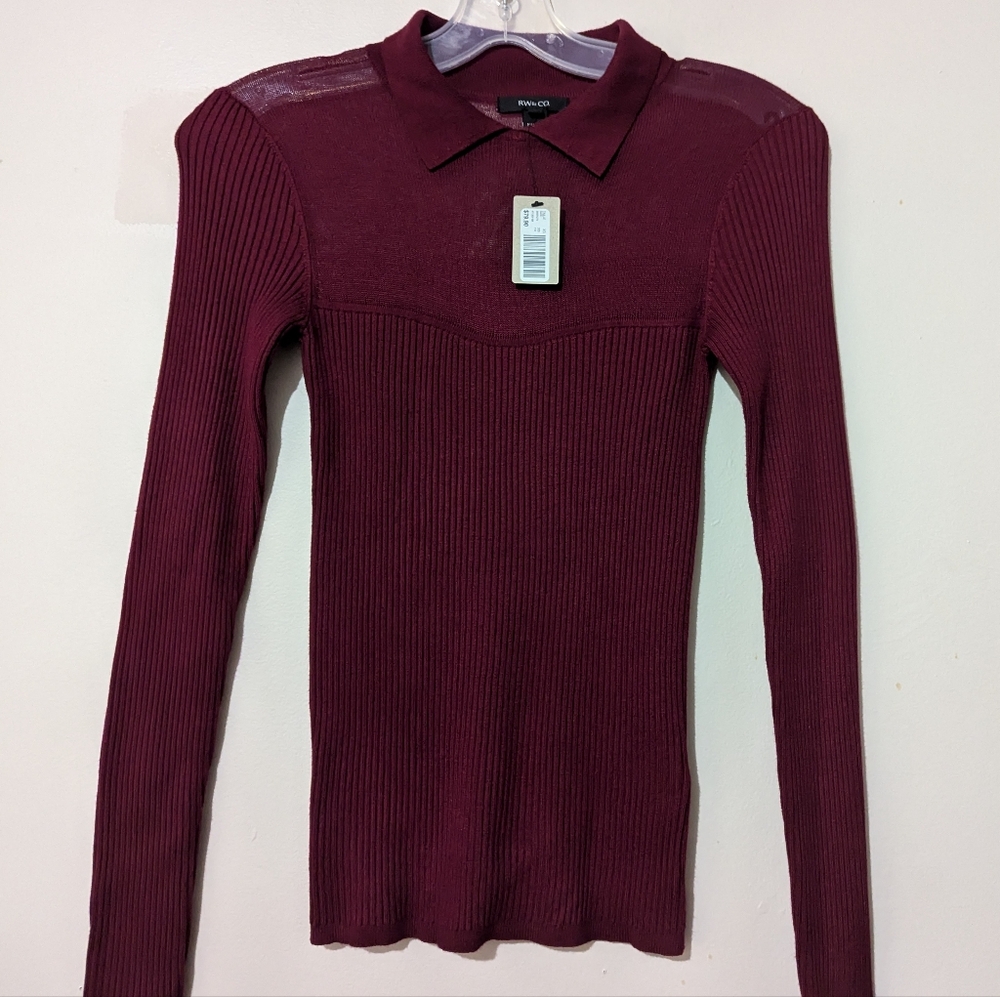 RW&Co Long-Sleeve Polo Ribbed Sweater With Sheer Yoke Size XS New! - Picture 3 of 15